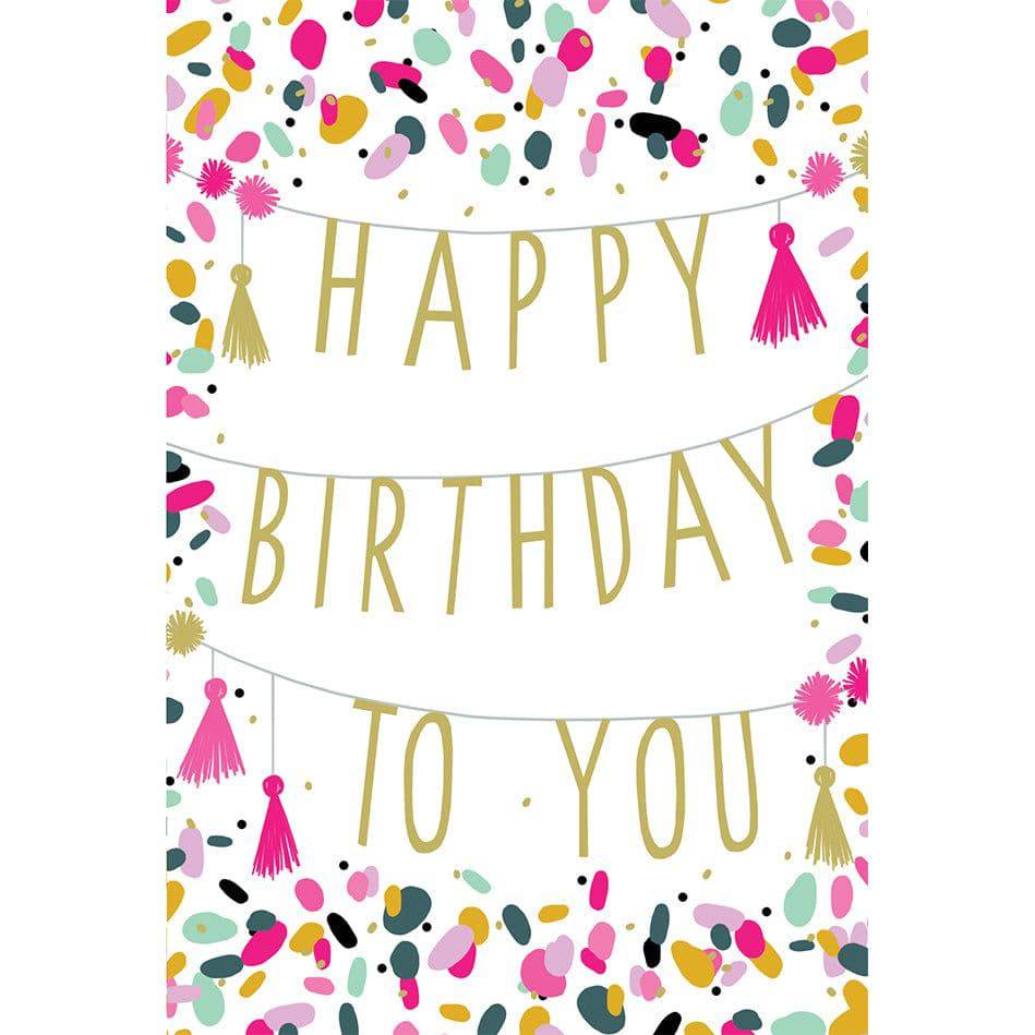 Sara Miller Happy Birthday banner card from Pictura featuring colorful birthday-themed design and elegant script text.